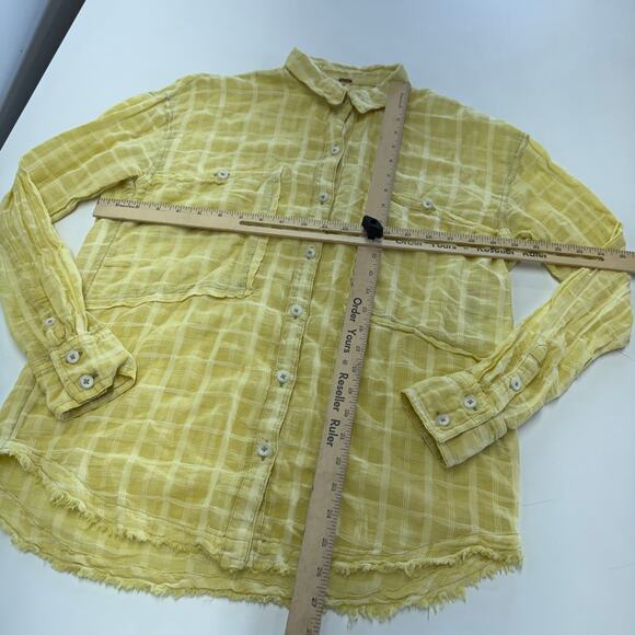 Free People Top Womens Medium Yellow Loveland Button Down Raw Hem Cotton - Picture 10 of 12
